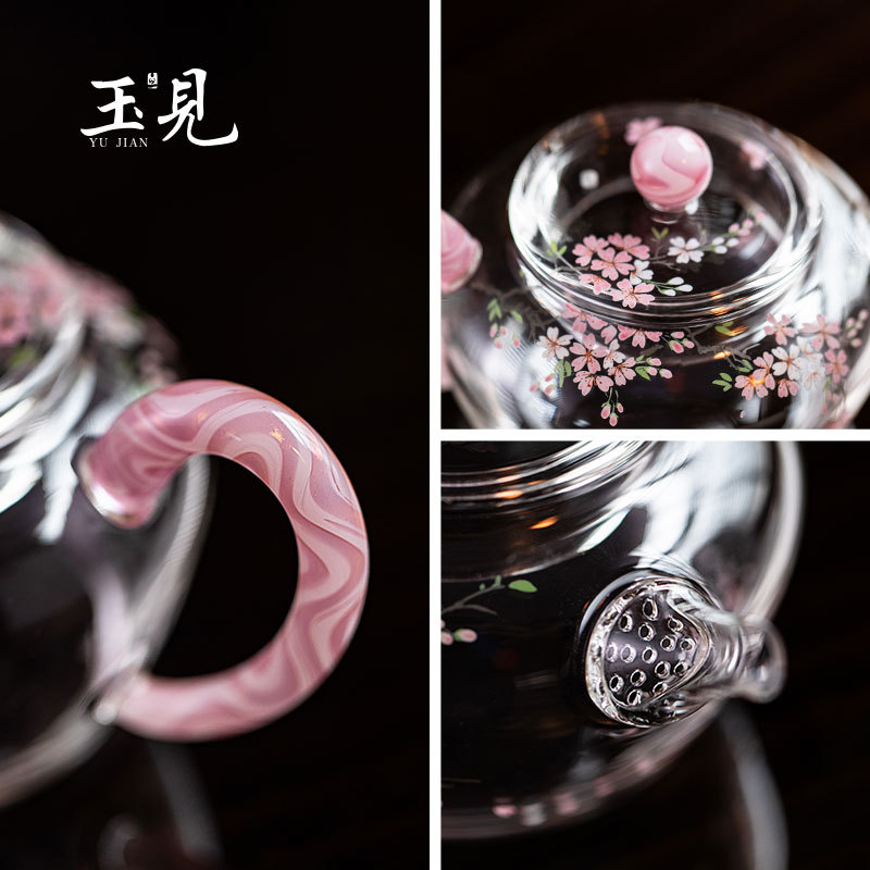 Hand-Painted Sakura Glass Teapot 90ml | Pink, Unique Handmade