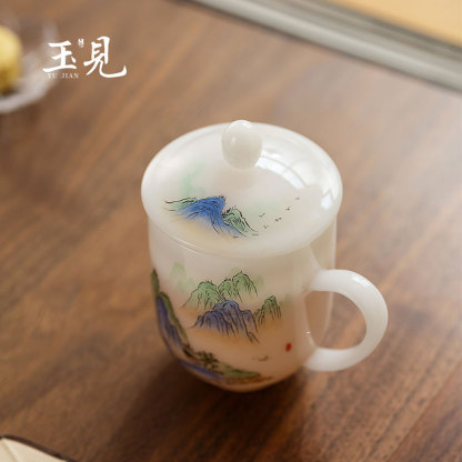 Hand-Painted Landscape Mug | Borosilicate Glass Office Cup