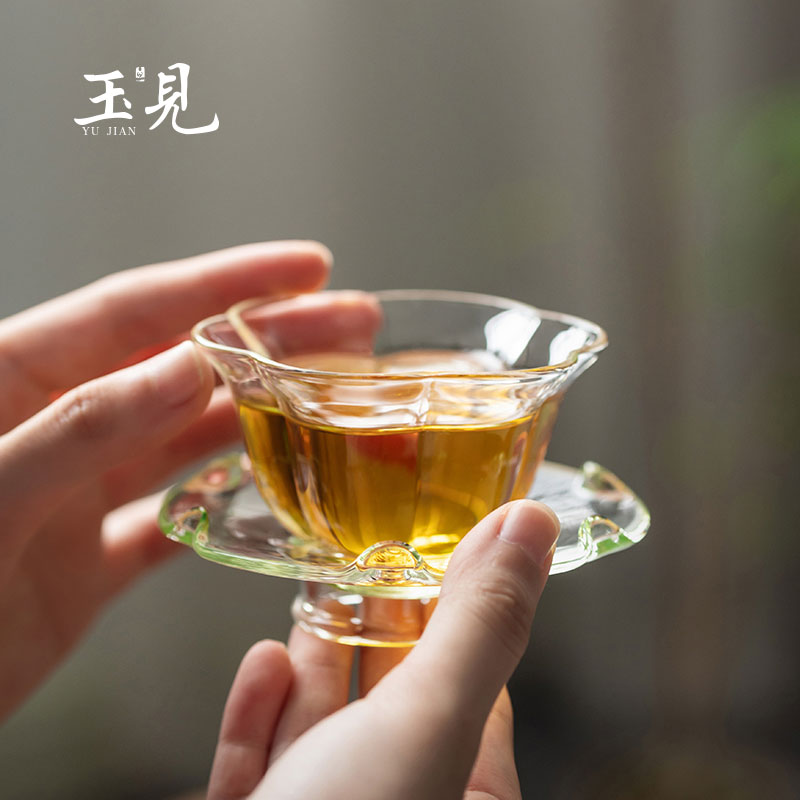 Handcrafted 80ml Plum Blossom Glass Cup & Saucer – Borosilicate, Elegant Tea Set