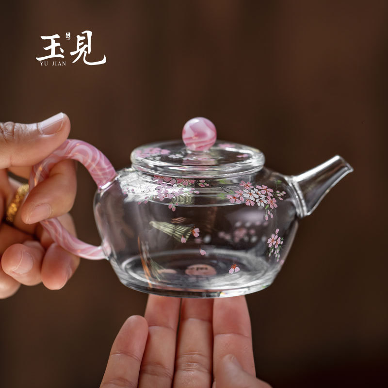 Hand-Painted Sakura Glass Teapot 90ml | Pink, Unique Handmade