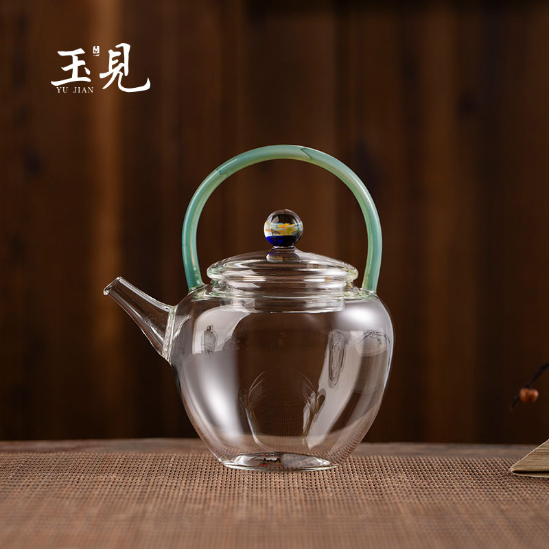 Handcrafted 220ml Borosilicate Glass Teapot – Qingying Handle Pot with Floral Lid