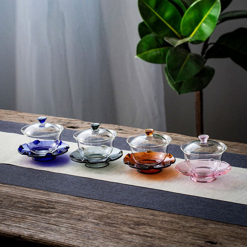 Handcrafted Lotus Elegance Gaiwan 150ml – Borosilicate Glass, Four Colors