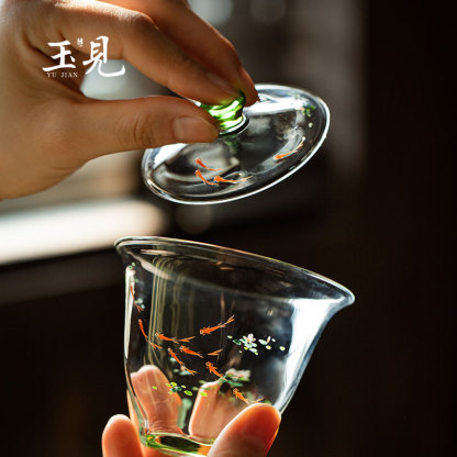 Hand-Painted 120ml Lotus Fish Gaiwan | High-Quality Glass