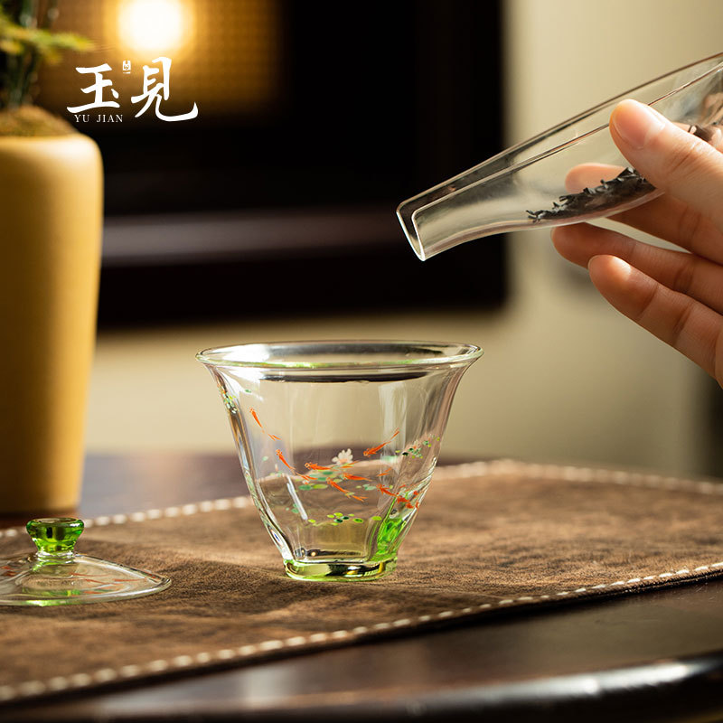 Hand-Painted 120ml Lotus Fish Gaiwan | High-Quality Glass