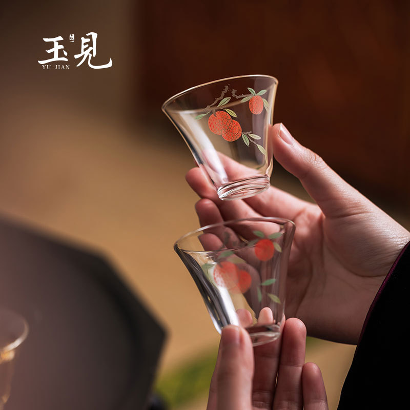 Hand-Painted 50ml Tea Cups 2pcs | Lychee, Cherry, Lotus Fish