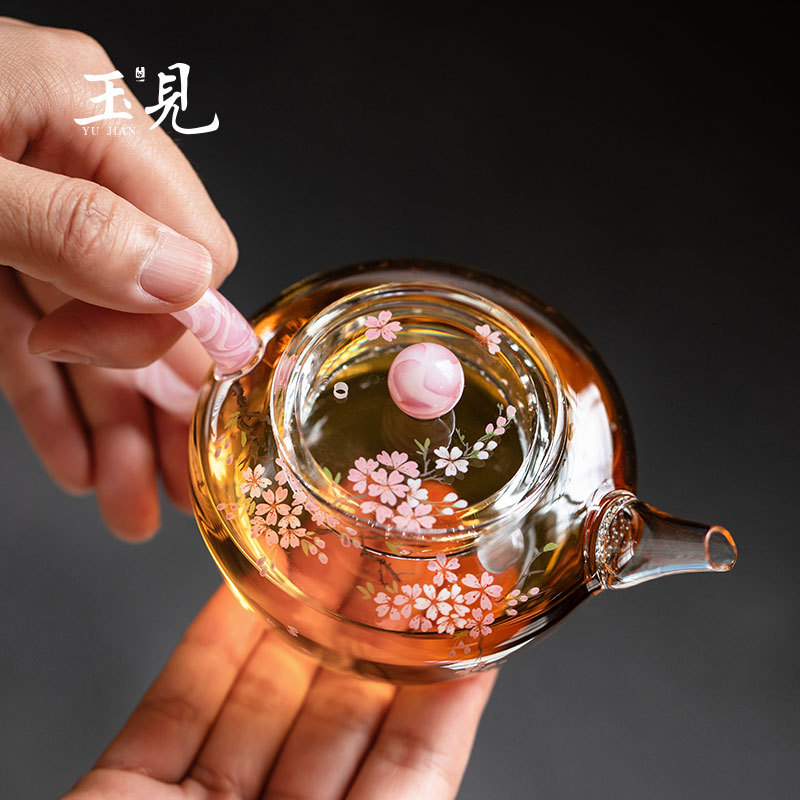 Hand-Painted Sakura Glass Teapot 90ml | Pink, Unique Handmade