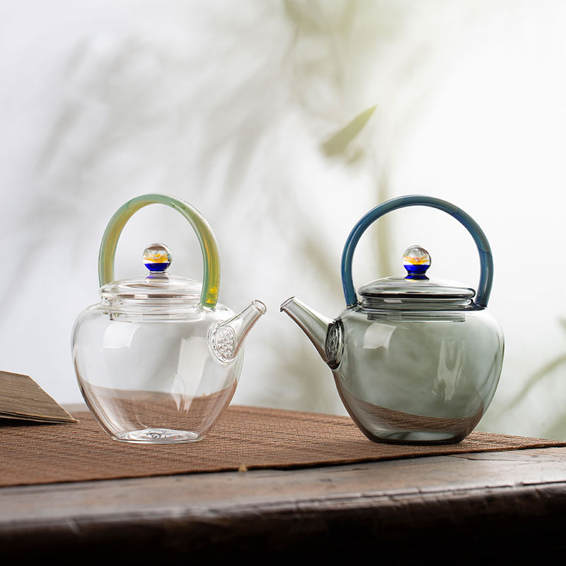 Handcrafted 220ml Borosilicate Glass Teapot – Qingying Handle Pot with Floral Lid