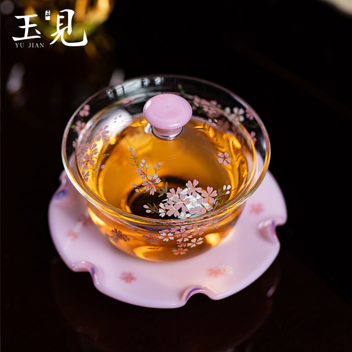 Handcrafted Pink Sakura Glass Gaiwan – 150ml Hand-Painted Tea Bowl