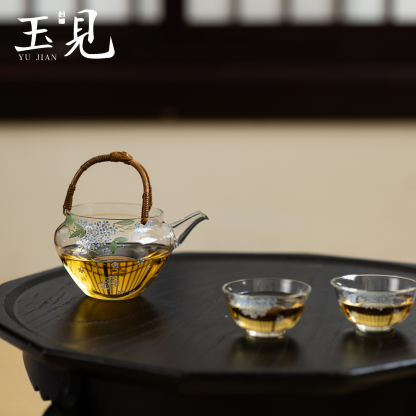 Handcrafted Borosilicate Glass Teapot with Rattan Handle – Hand-Painted Hydrangea