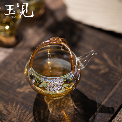 Handcrafted Borosilicate Glass Teapot with Rattan Handle – Hand-Painted Hydrangea