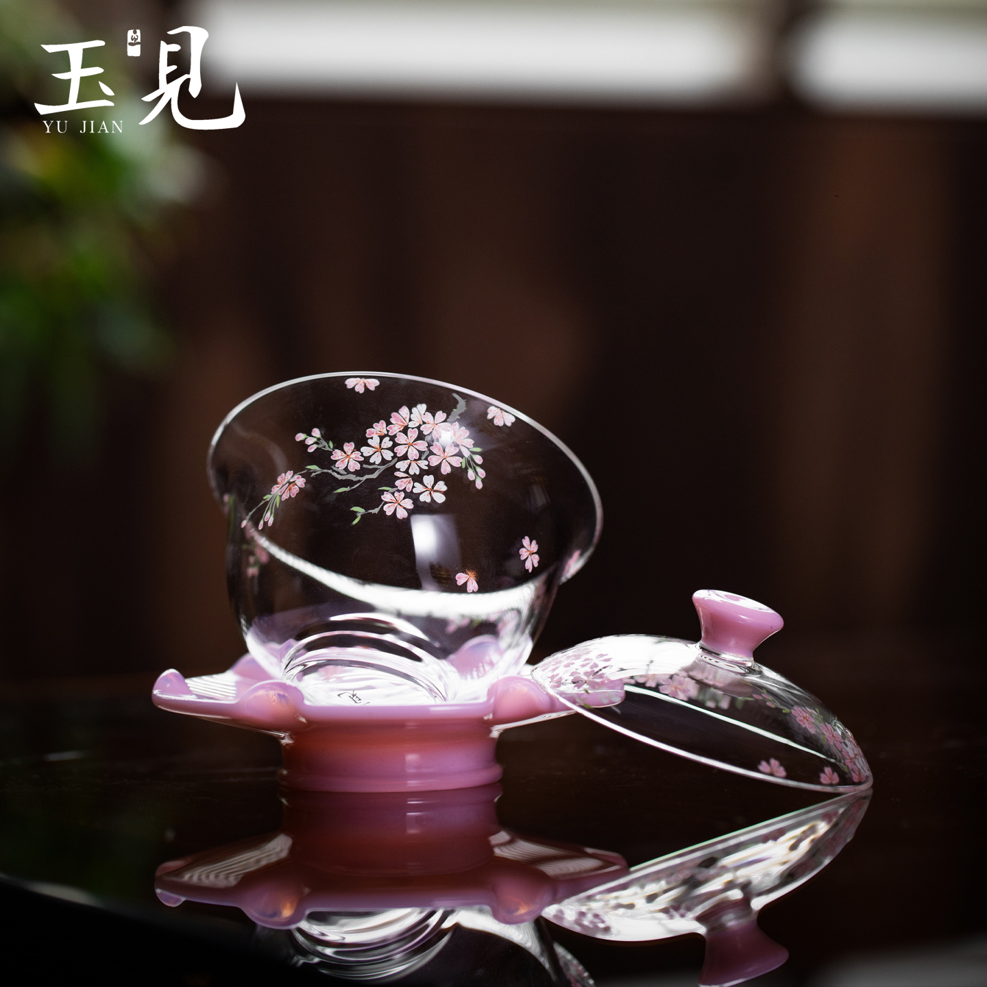 Handcrafted Pink Sakura Glass Gaiwan – 150ml Hand-Painted Tea Bowl