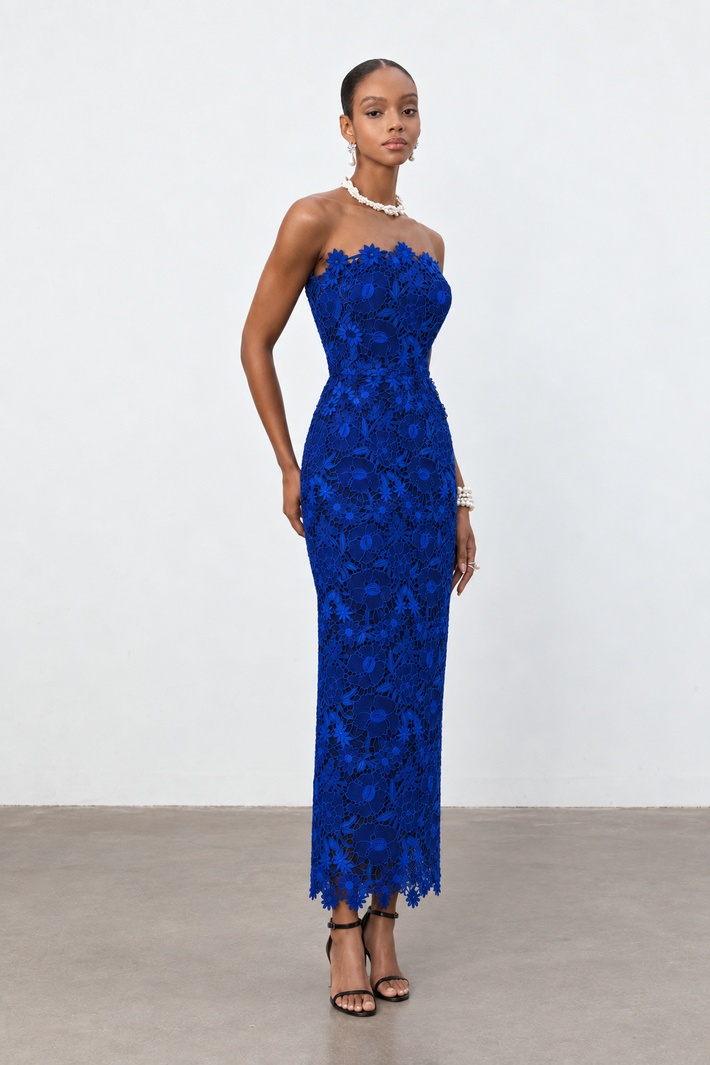 Royal Blue Floral Lace Strapless Column Midi Dress