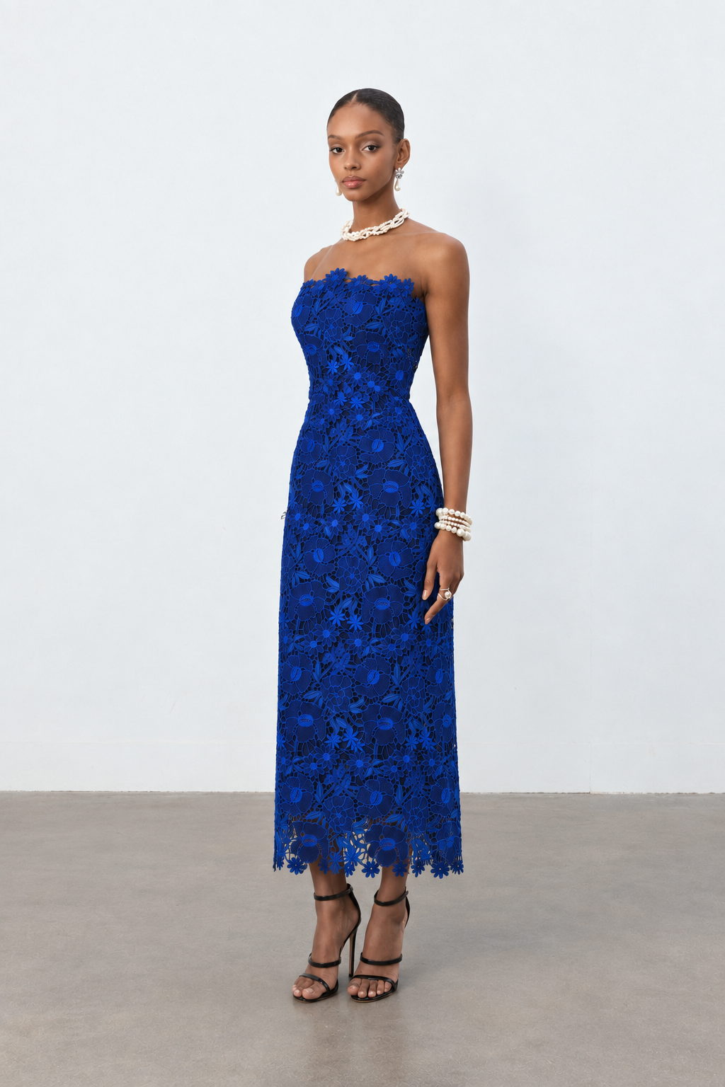 Royal Blue Floral Lace Strapless Column Midi Dress