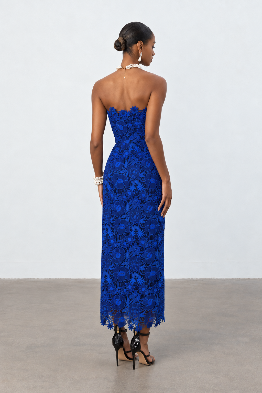 Royal Blue Floral Lace Strapless Column Midi Dress