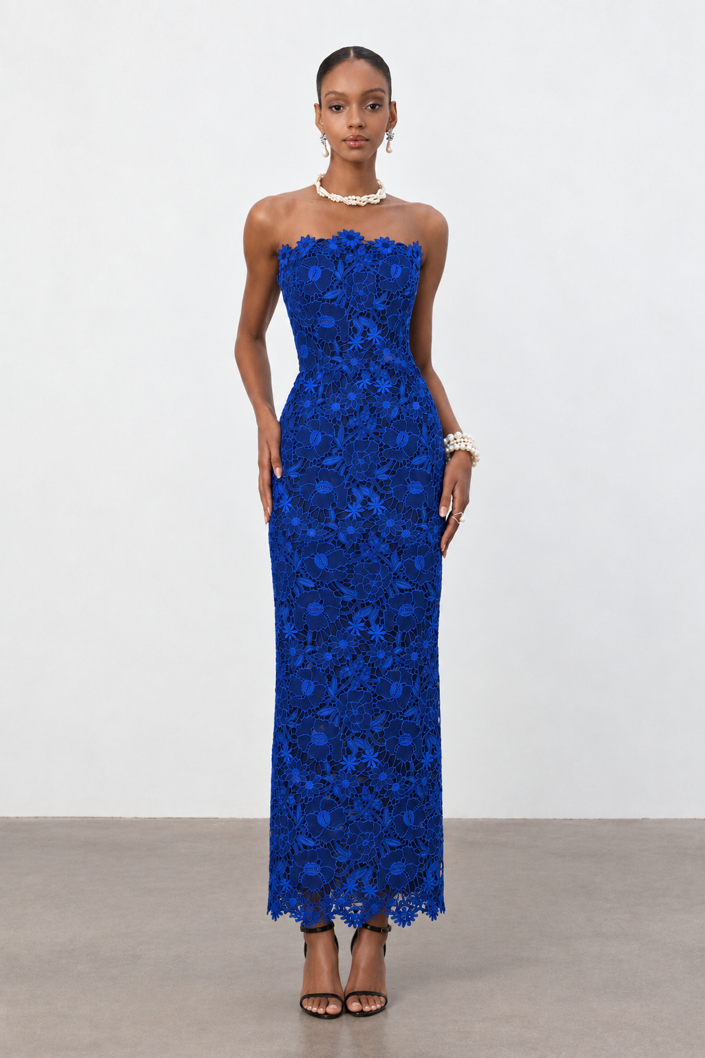 Royal Blue Floral Lace Strapless Column Midi Dress
