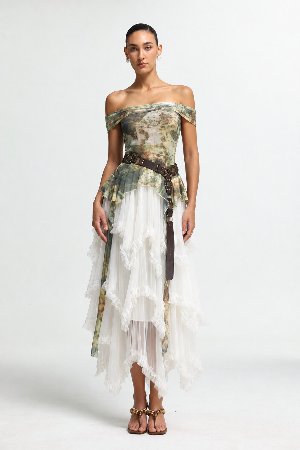 Zuly Bohemian Flowy Off Shoulder Tiered Ruffle Tulle Top and Skirt Two Piece Set