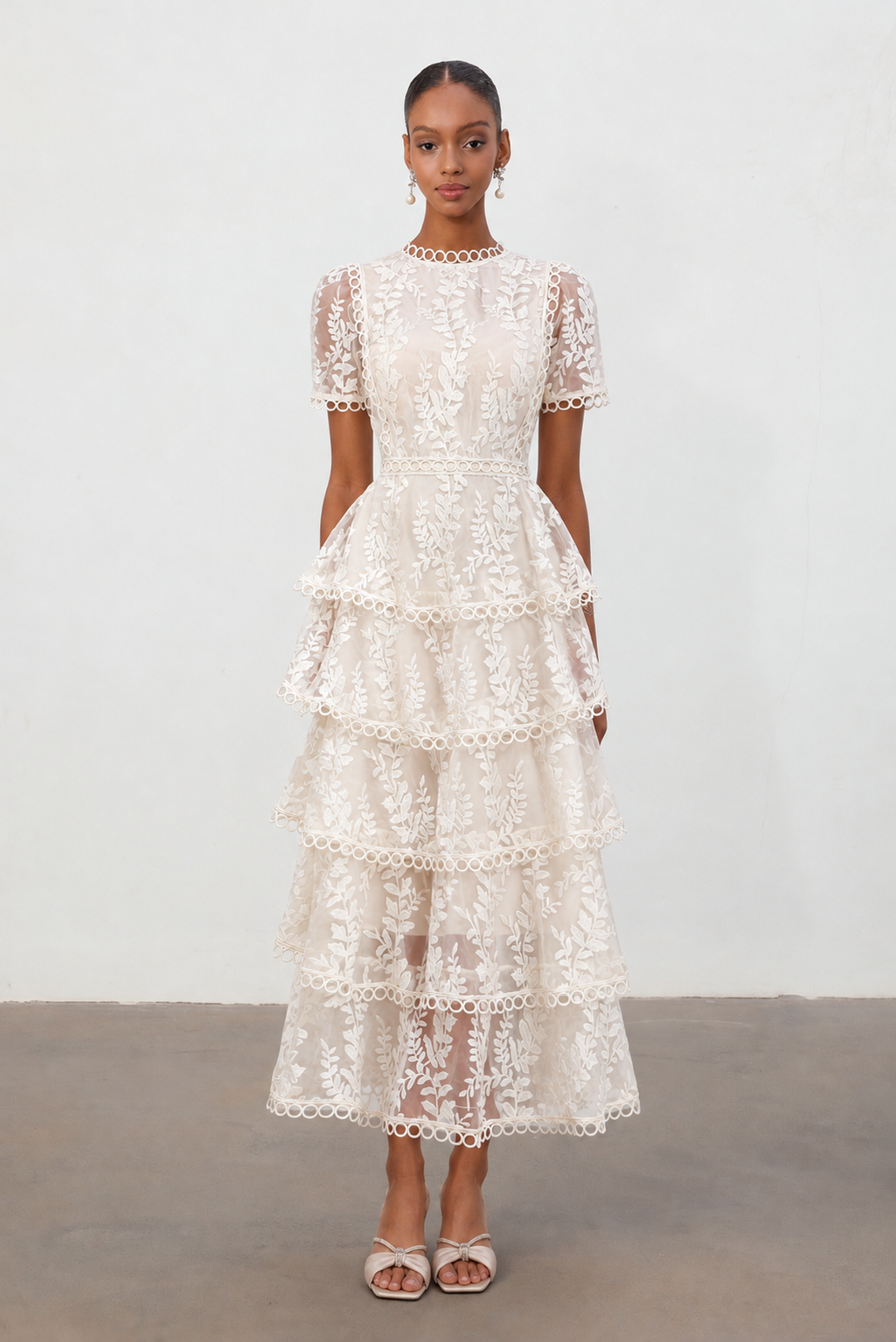 Yedda Resort Flowy Round Neck Short Sleeve Floral Embroidered Woven Maxi Dress