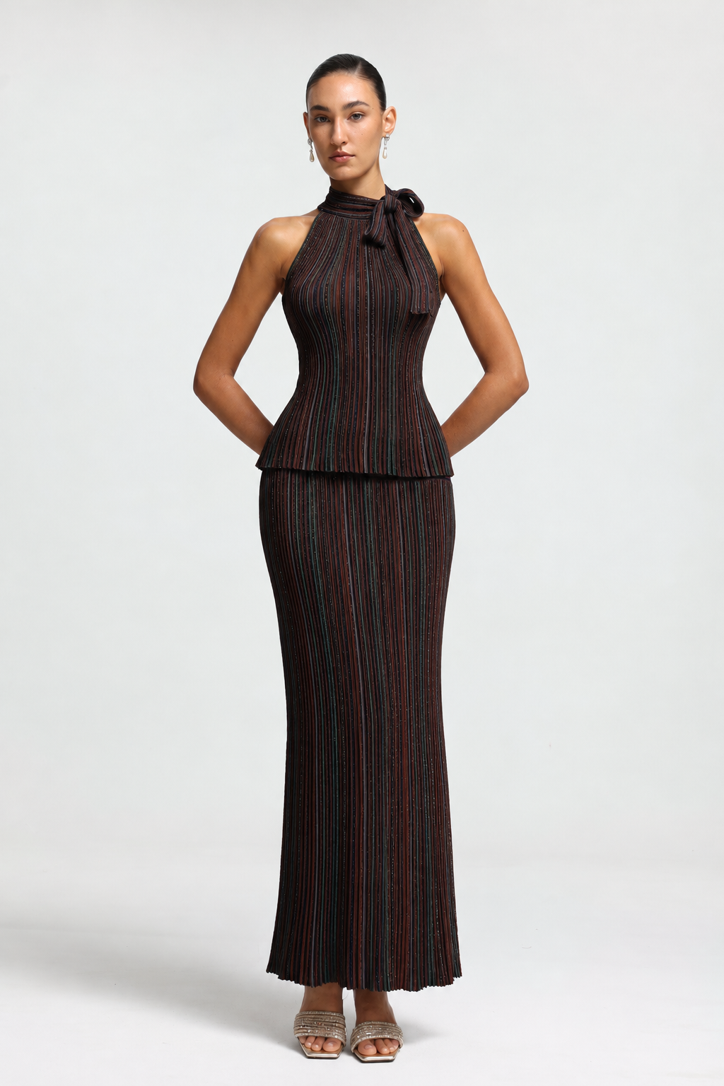 Ursula Vertical Contour Sleeveless Bowvertical Stripes Knit Top and Skirt Two Piece Set