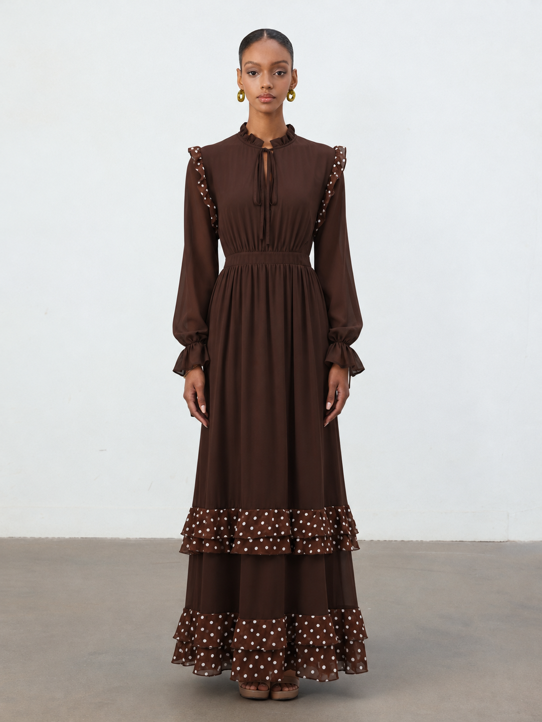 Huresa Vintage Flowy Long Sleeve Polka Dot Ruffle Woven Maxi Dress