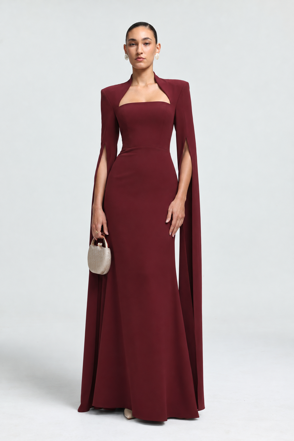 Werko Elegant Tailored Square Neck Cape Sleeve Woven Maxi Dress