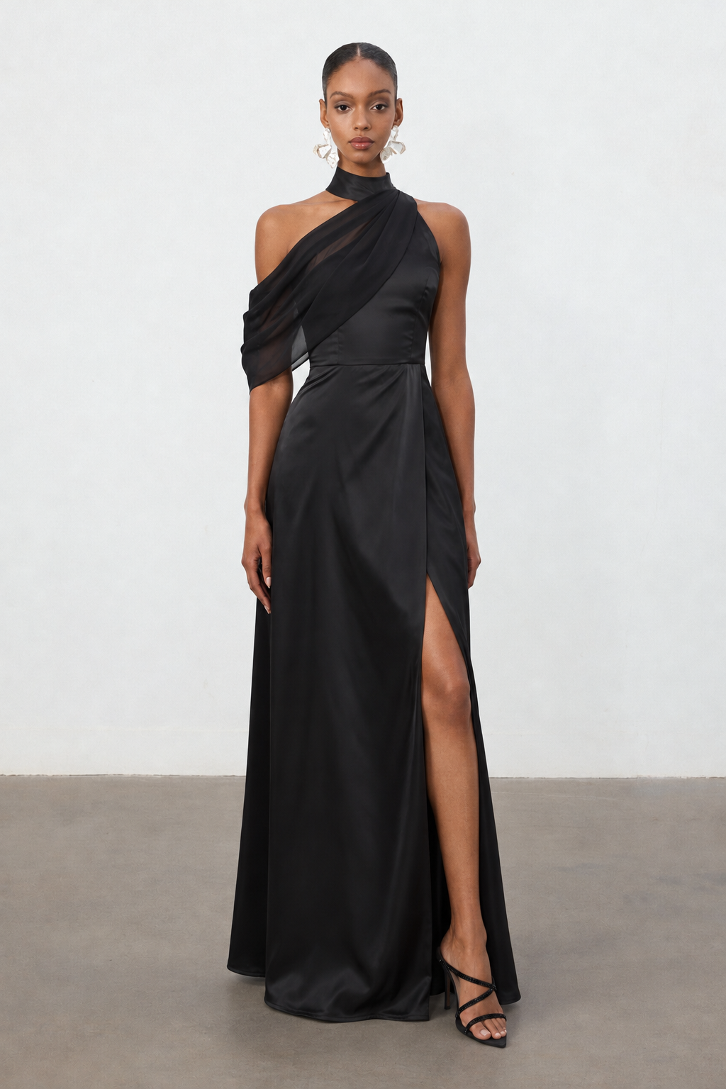 Kailani Chic Flowy High Neck One Shoulder Pleated High Slit Satin Black Maxi Dress