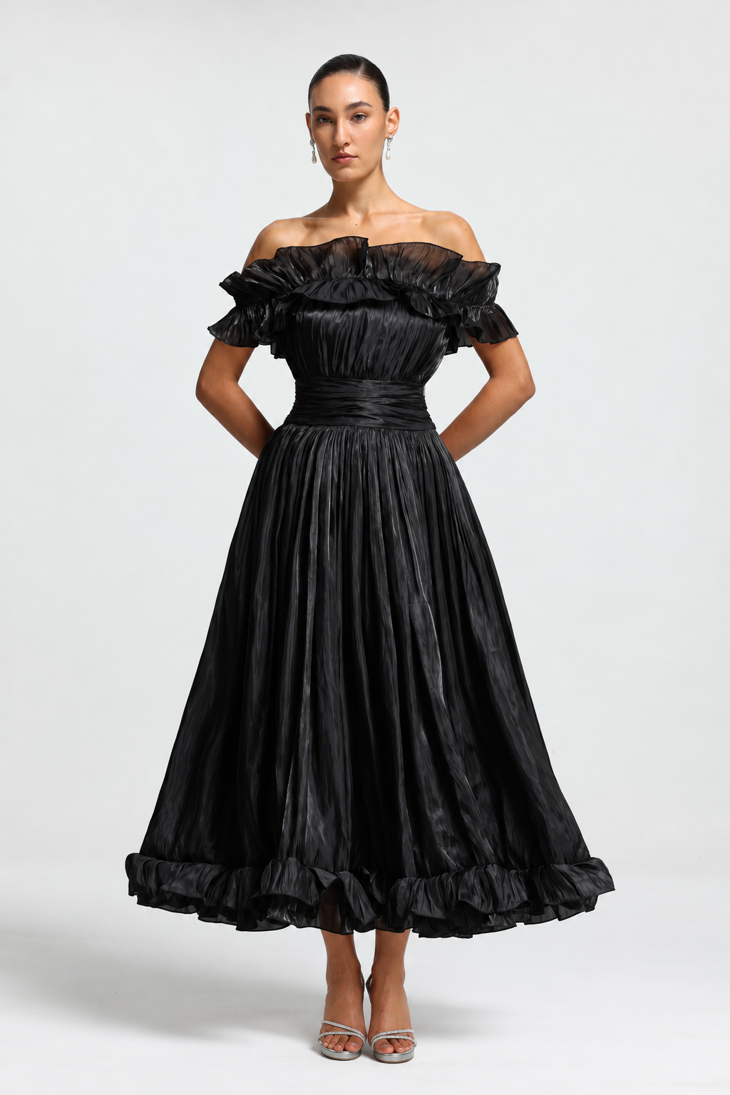 Suku Elegant Flowy Off Shoulder Ruched Black Maxi Dress