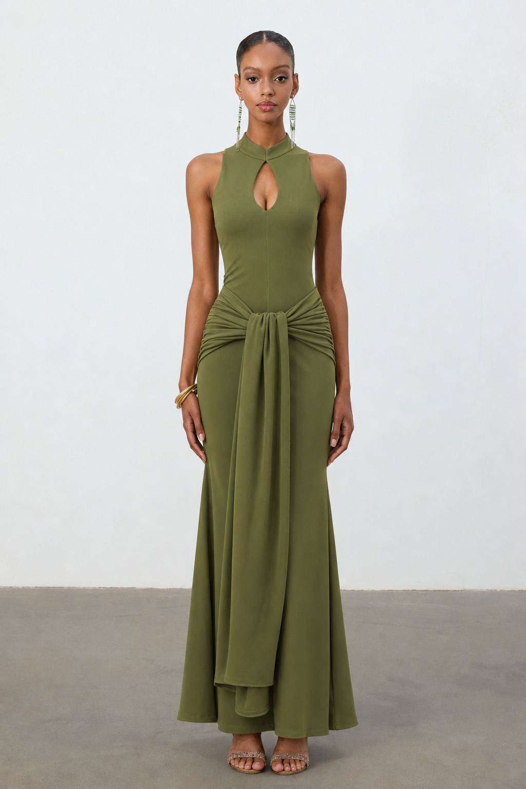 Sukia Chic Form-Fitting High Neck Cutout Draped Tie Sleeveless Mermaid Maxi Dress