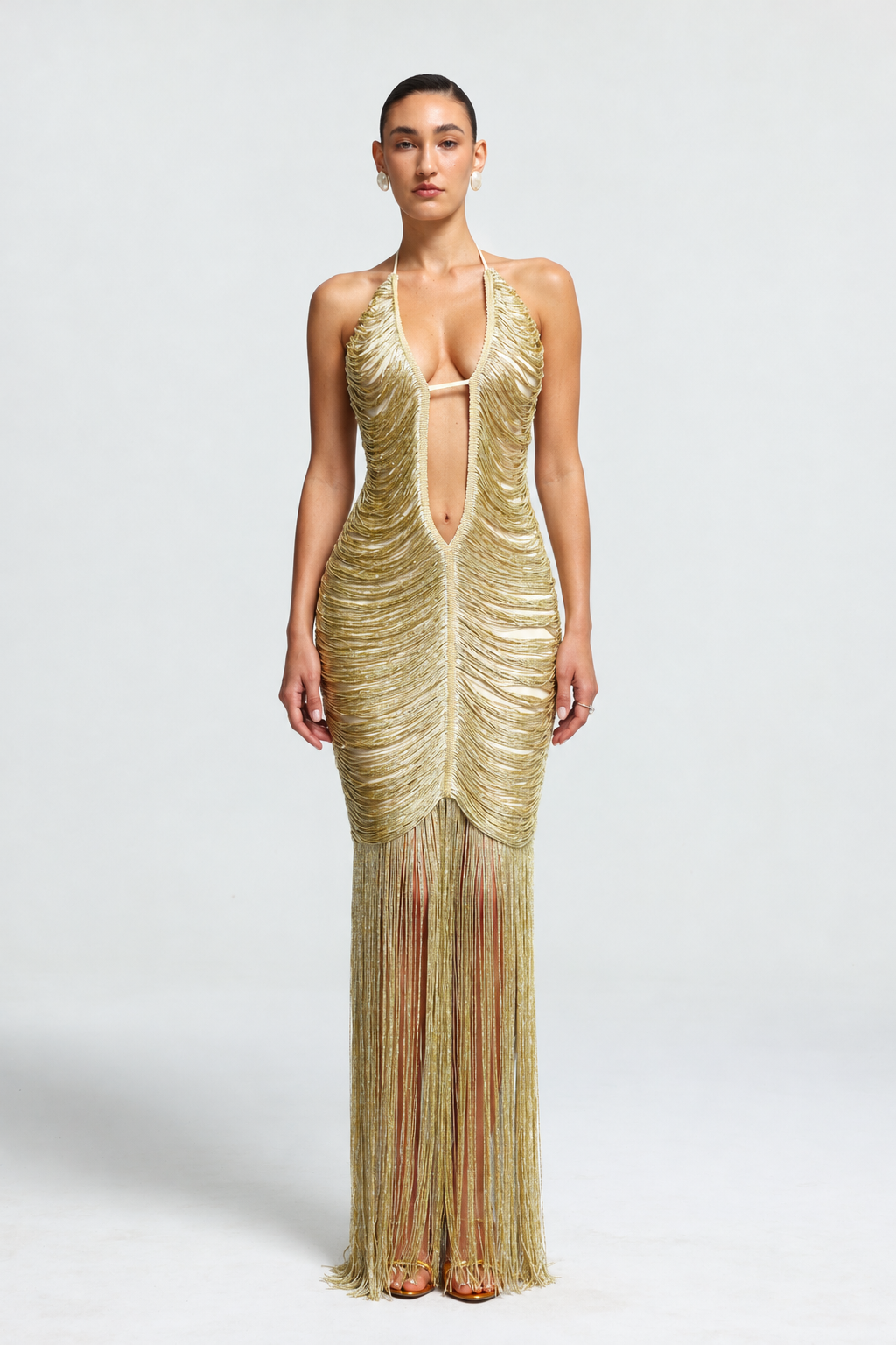 Halli Sophisticated Elegant Deep V Neck Tassel Woven Maxi Dress