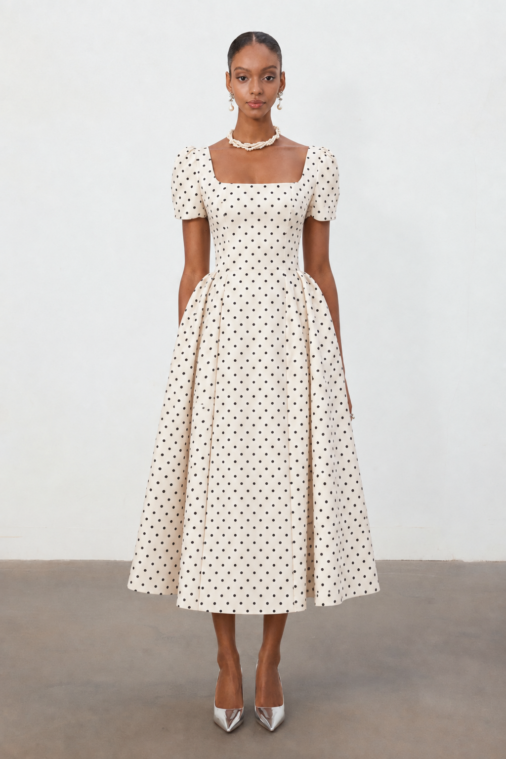 Shirley Elegant Tailored Short Sleeve Polka Dot Woven Maxi Dress