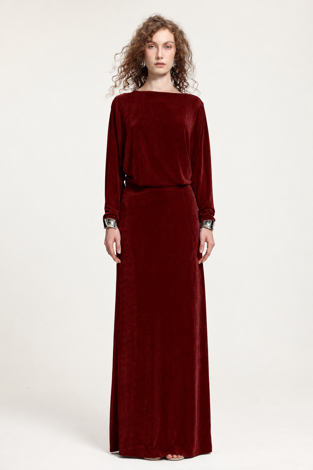 Burgundy Boat Neck Dolman Sleeve Open-Back Maxi Dress