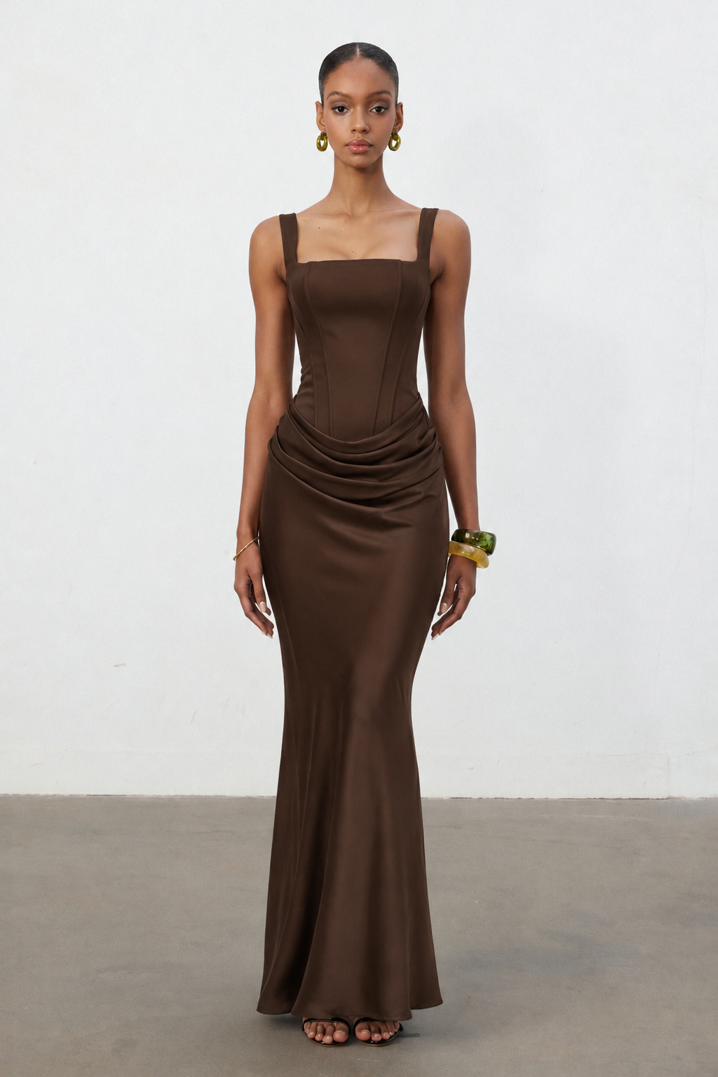 Winey Elegant Cinching Waist Square Neck Thin Strap Boned Fitted Draped Ruched Satin Mermaid Brown Maxi Dress