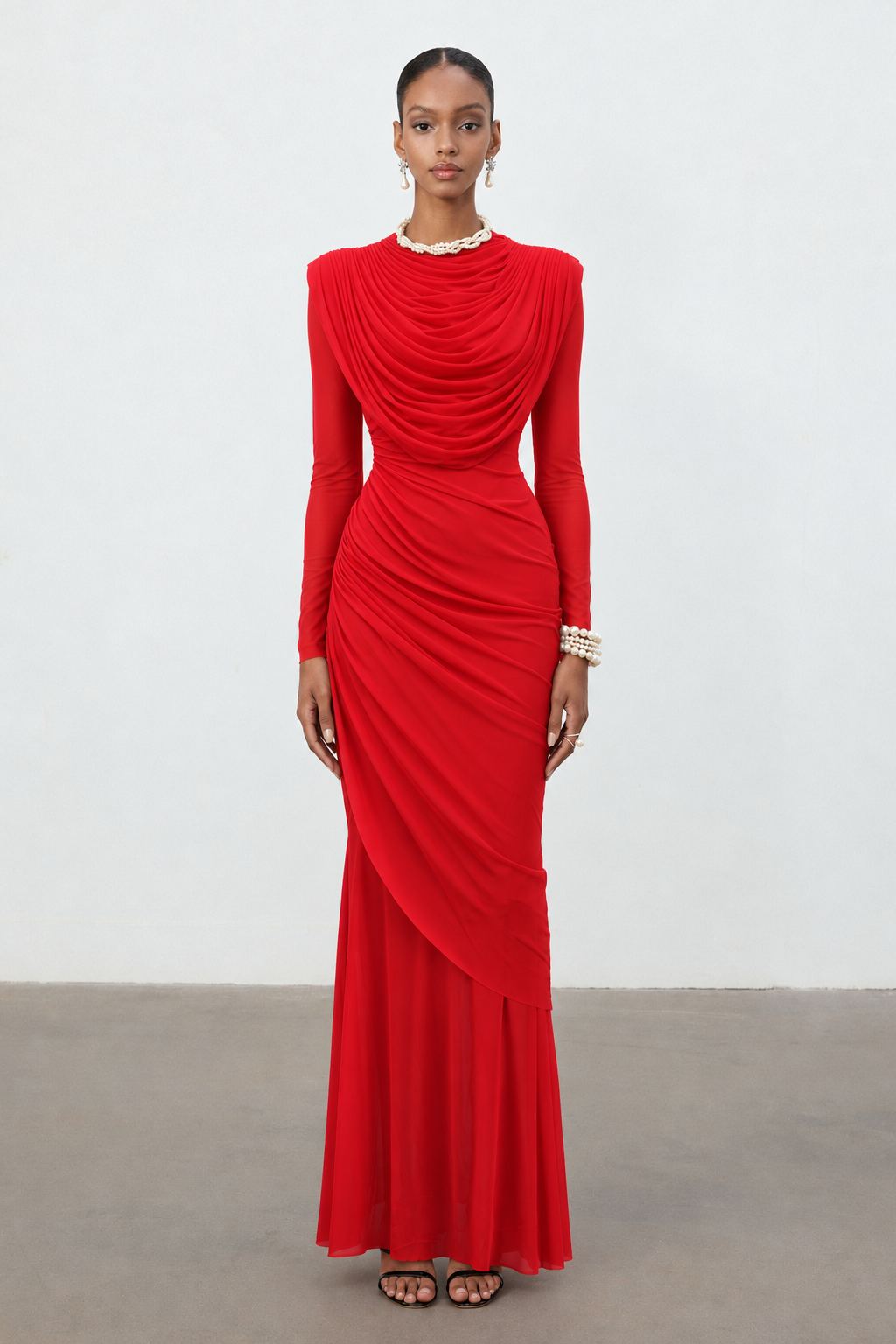 Kale Elegant Cinched Waist Long Sleeve Ruched Mermaid Woven Maxi Dress
