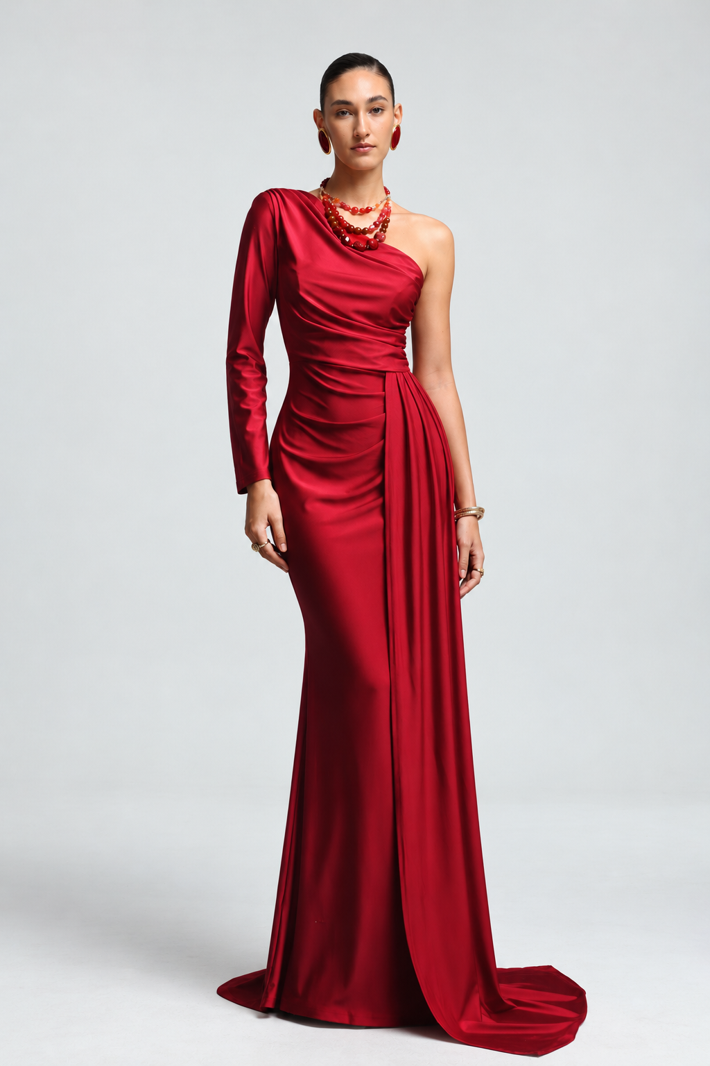 Piaka Elegant Contour One Shoulder Long Sleeve Ruched Sash Maxi Dress