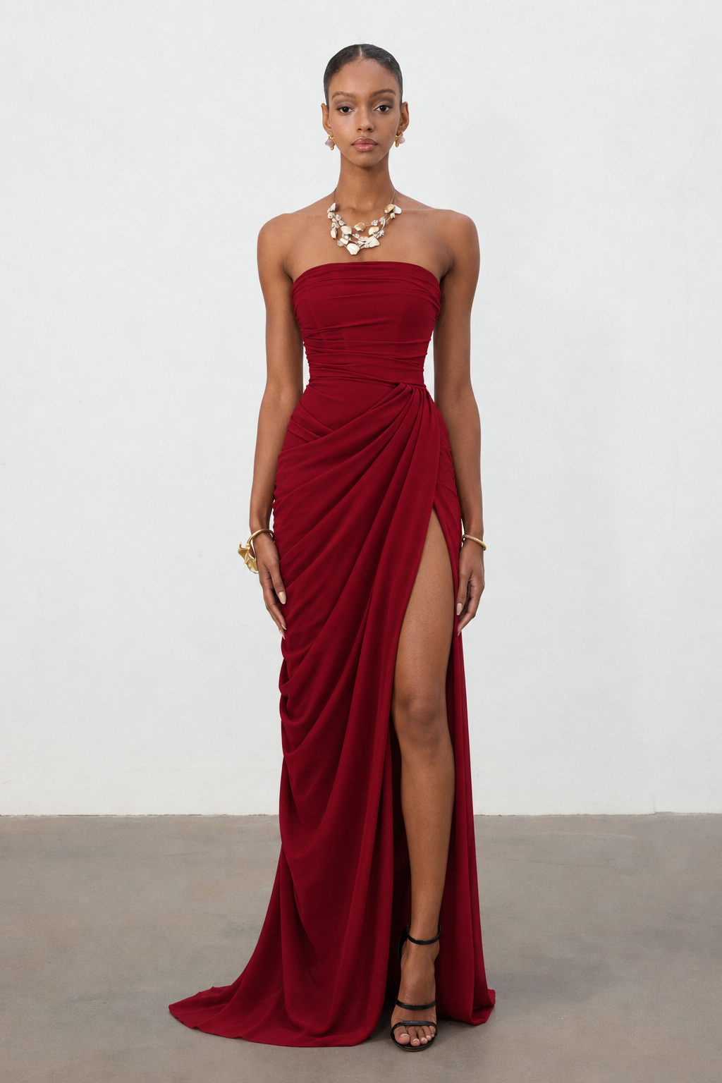 Tazeda Elegant Contour Strapless Ruched Mesh Red Maxi Dress