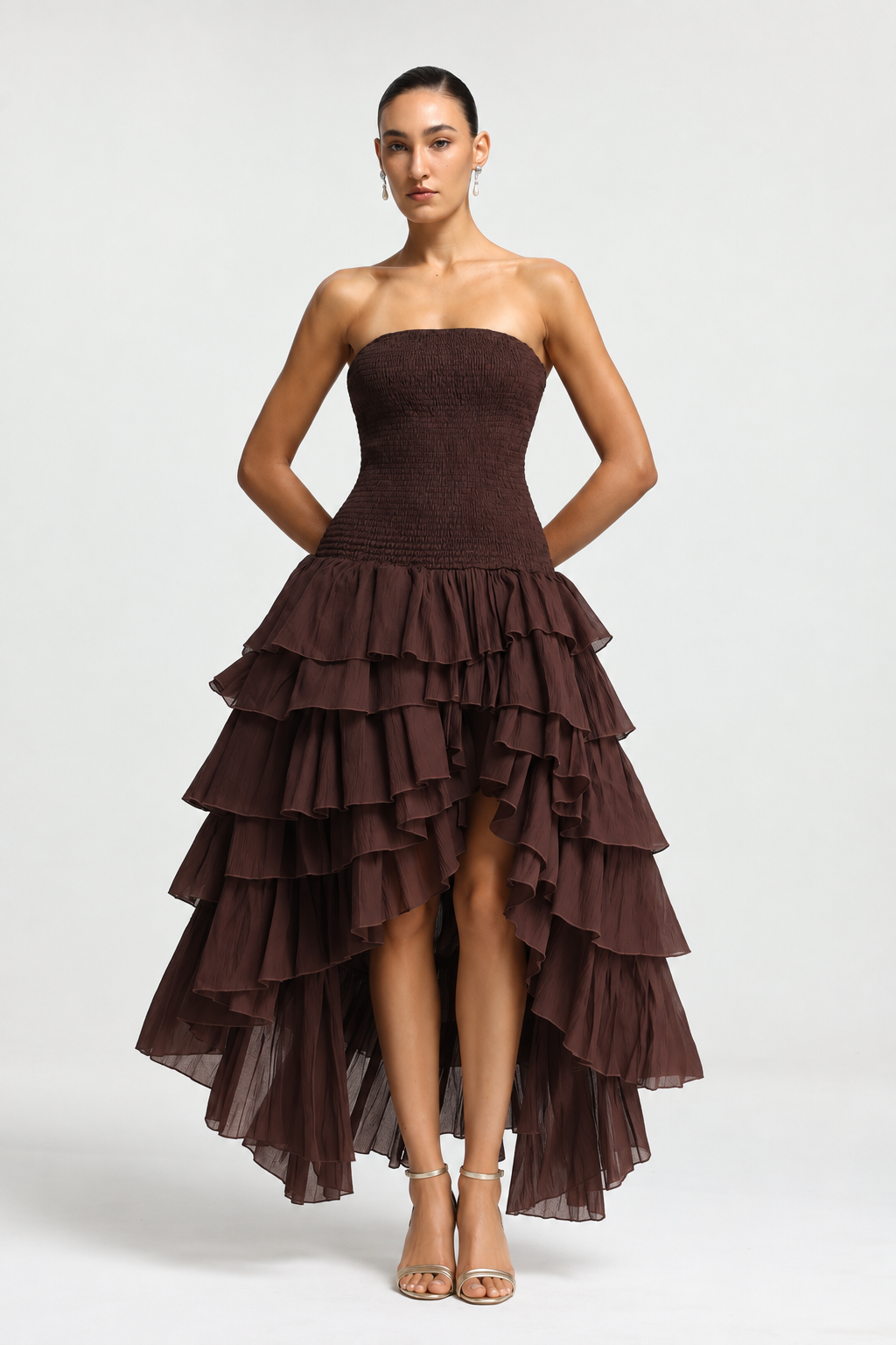 Orisy Vacation Strapless Shirred Tiered Ruffle Maxi Dress