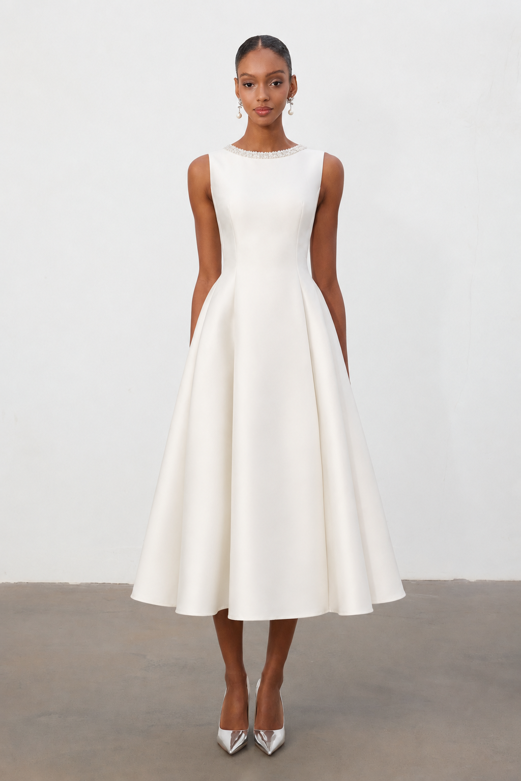 Velma Minimalist Cinched-Waist Sleeveless Pearl Rhinestone A-Line Maxi Dress