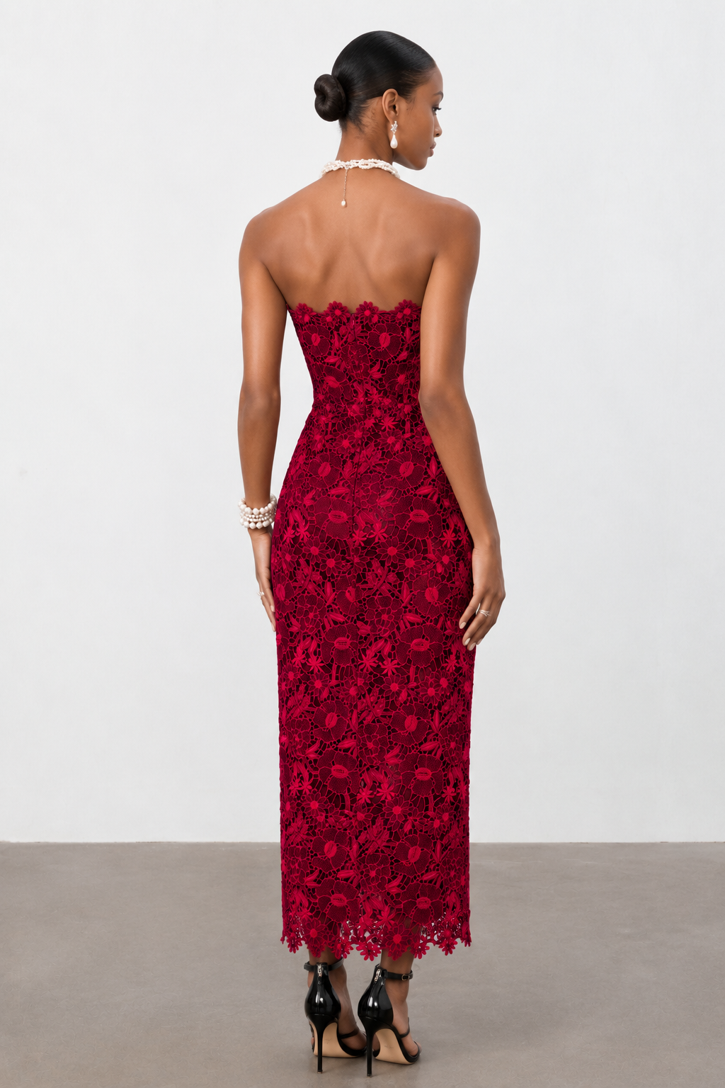Ruby Red Floral Lace Strapless Column Midi Dress