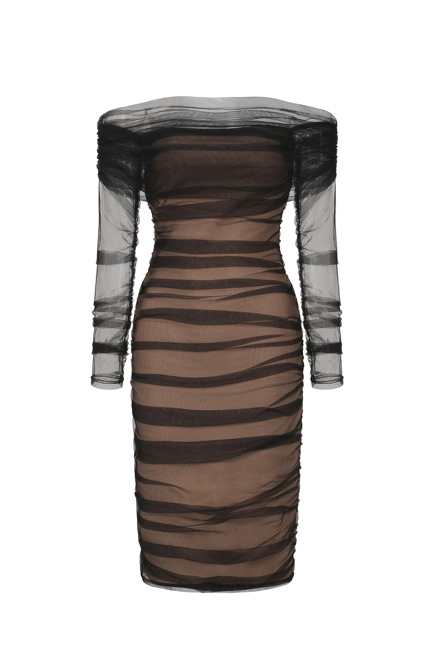 Rowena Ruched Mesh Bandage Midi Dress - Black