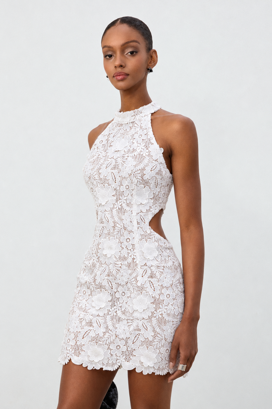 Frances Chic Tailored Sleeveless Floral Lace Mini Dress
