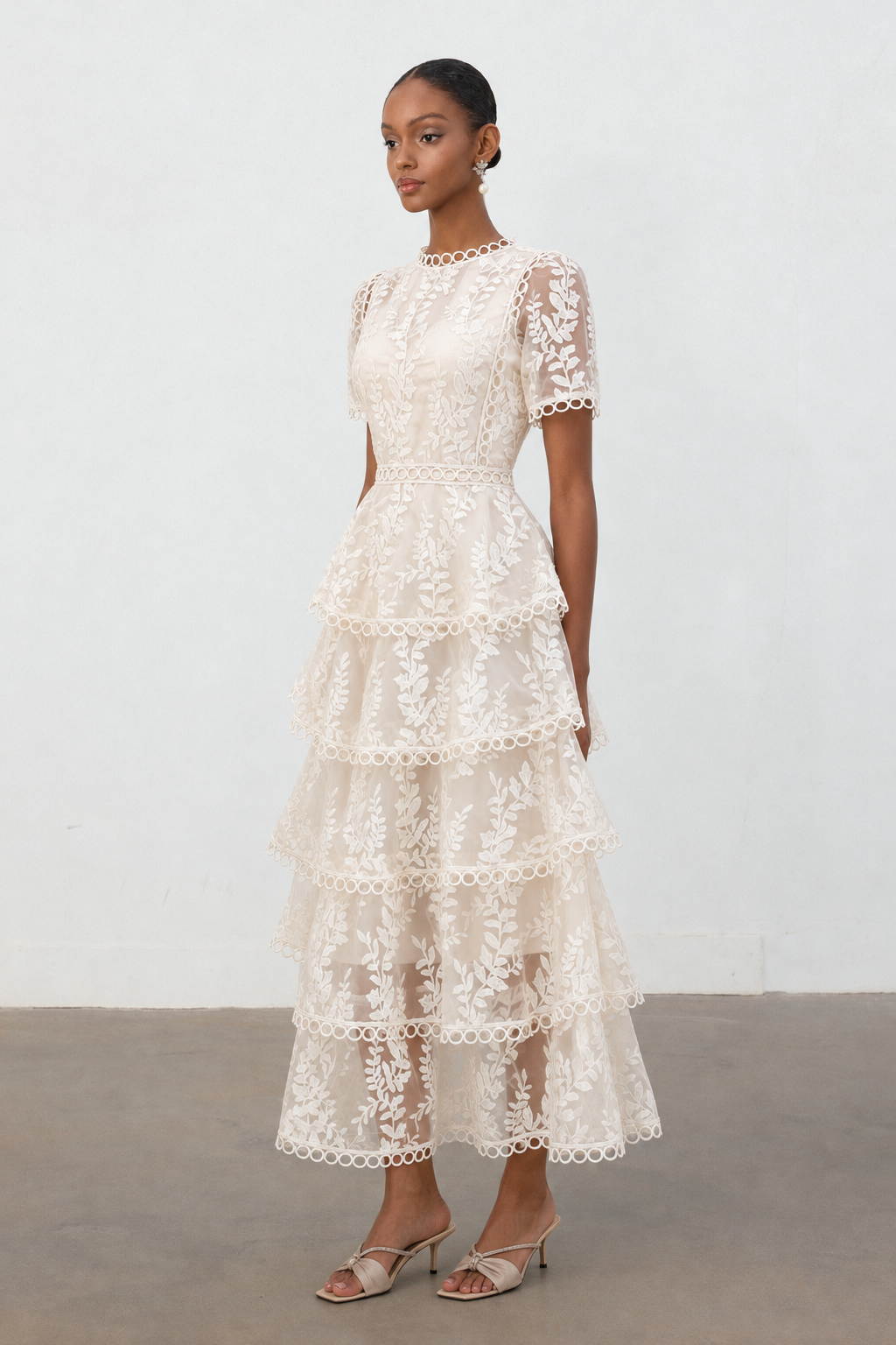 Yedda Resort Flowy Round Neck Short Sleeve Floral Embroidered Woven Maxi Dress