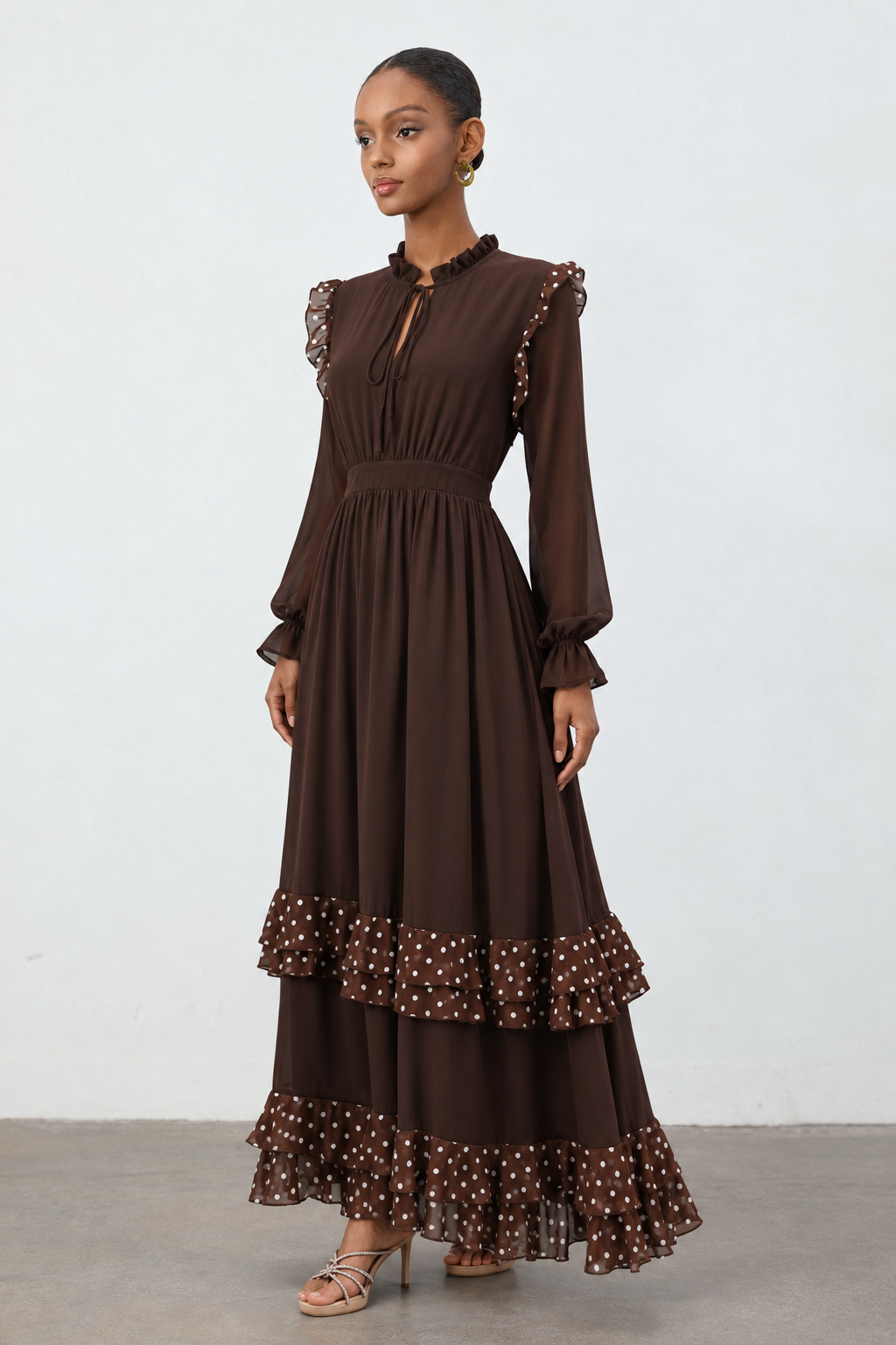 Huresa Vintage Flowy Long Sleeve Polka Dot Ruffle Woven Maxi Dress