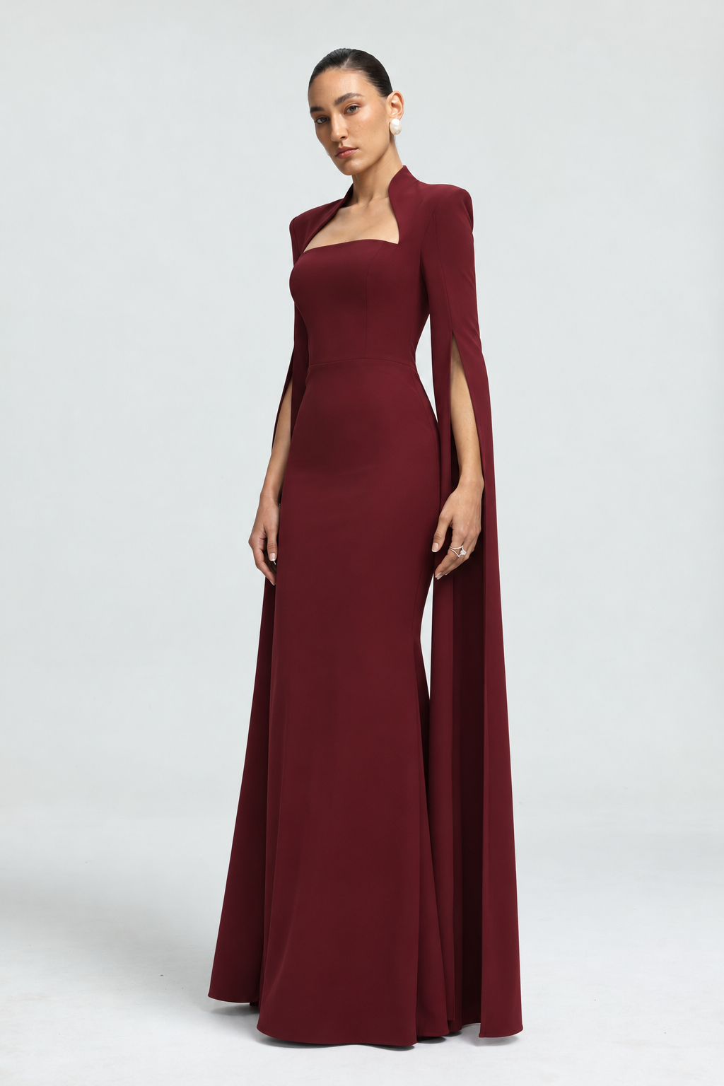 Werko Elegant Tailored Square Neck Cape Sleeve Woven Maxi Dress