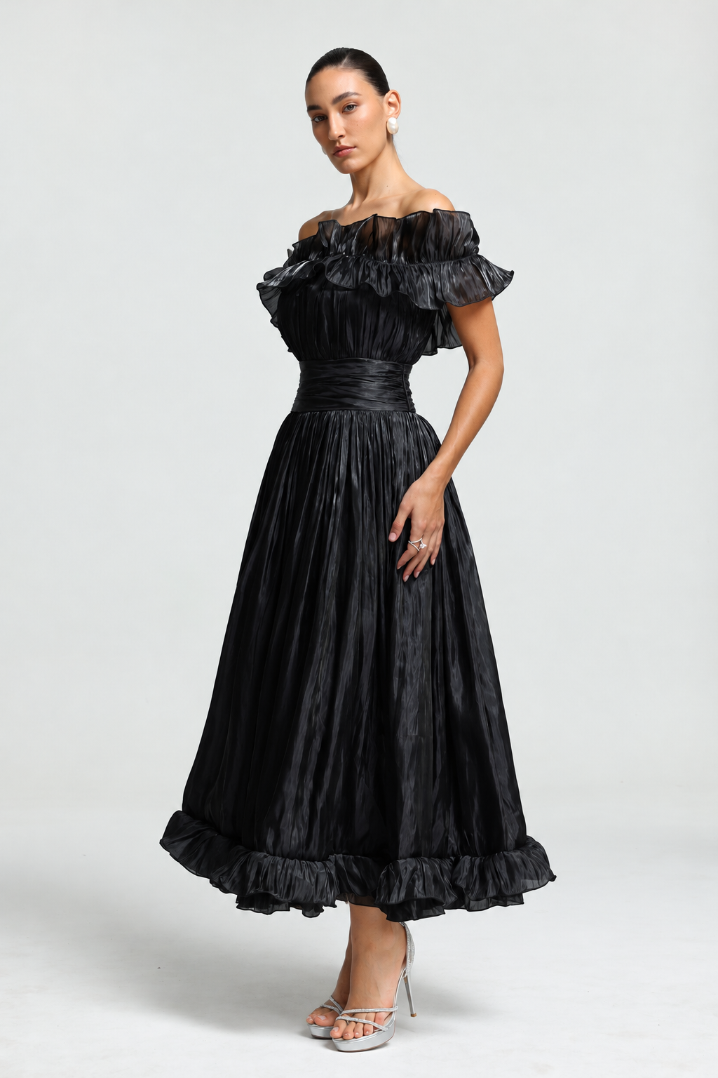Suku Elegant Flowy Off Shoulder Ruched Black Maxi Dress