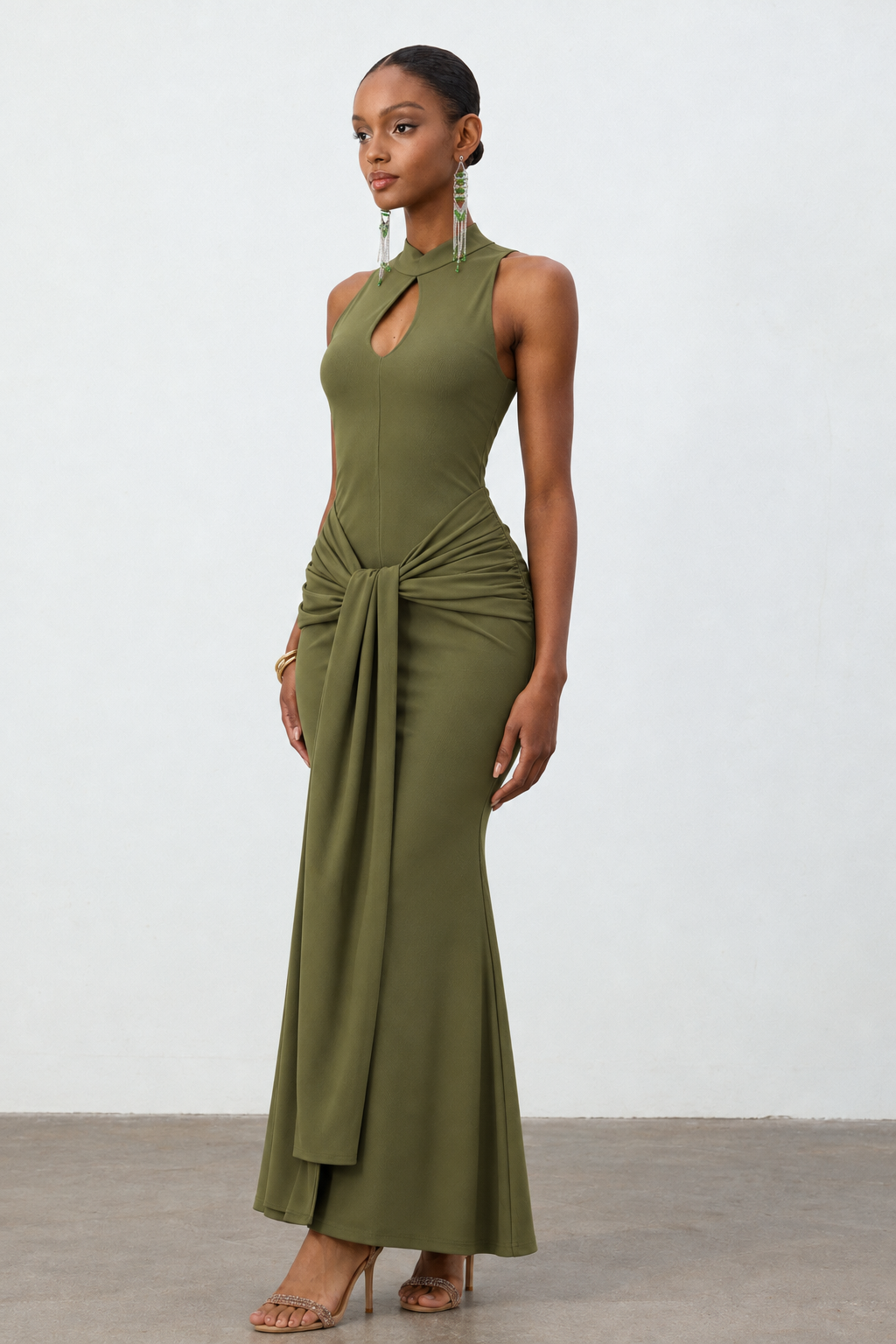 Sukia Chic Form-Fitting High Neck Cutout Draped Tie Sleeveless Mermaid Maxi Dress
