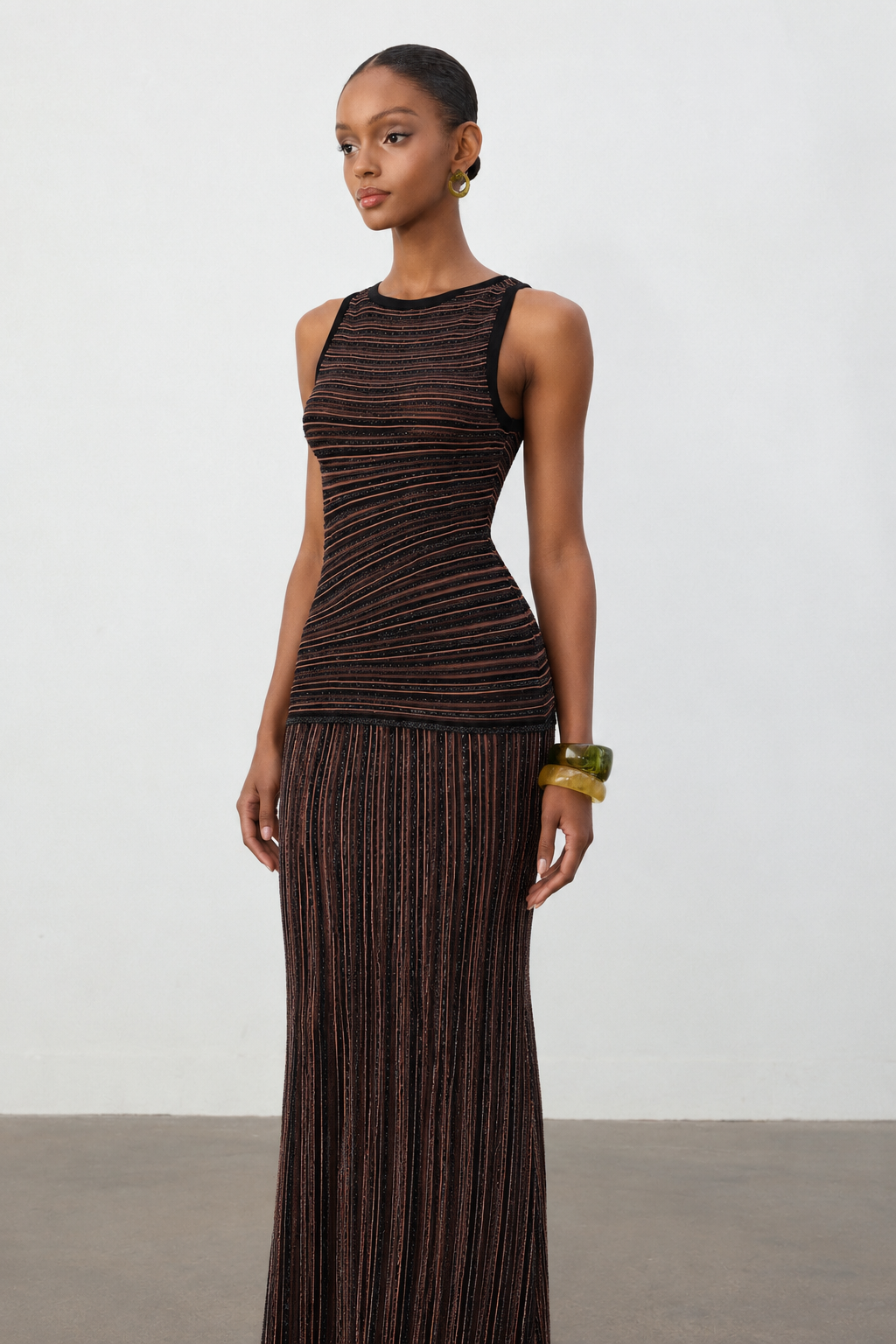 Katja Romantic Contour Round Neck Sleeveless Striped Knit Top and Skirt Two Piece Set