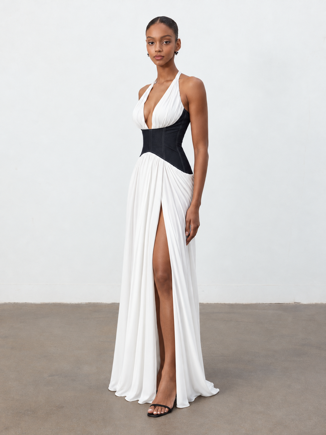 Siayh Modern Halter V Neck Color Block Maxi Dress