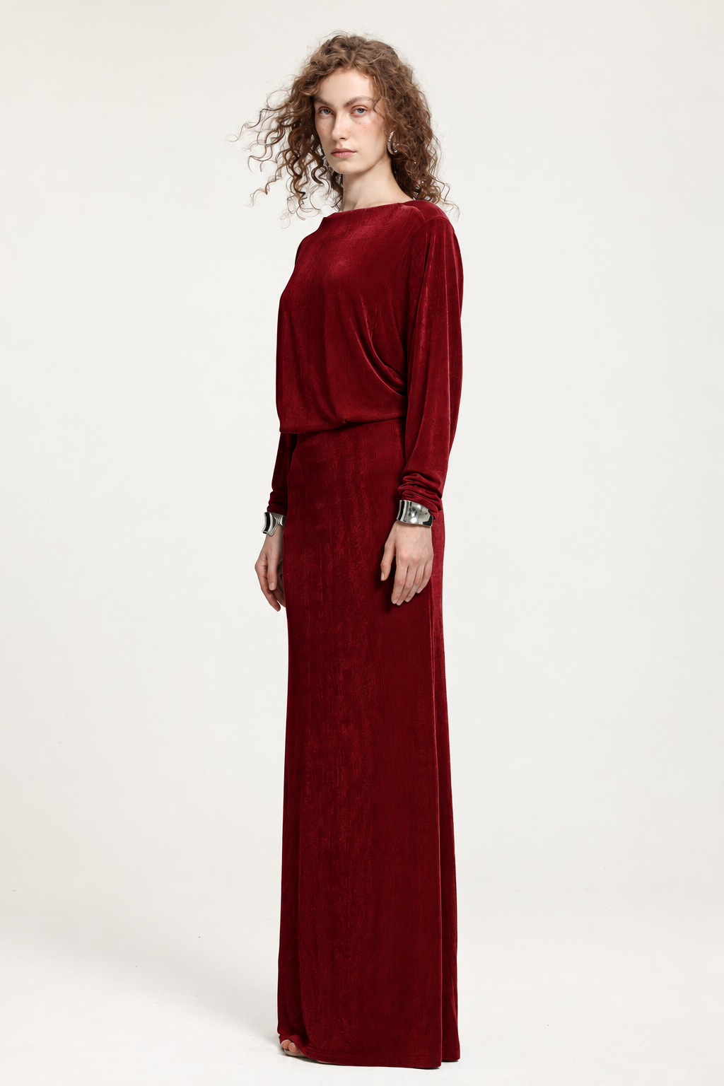 Burgundy Boat Neck Dolman Sleeve Open-Back Maxi Dress