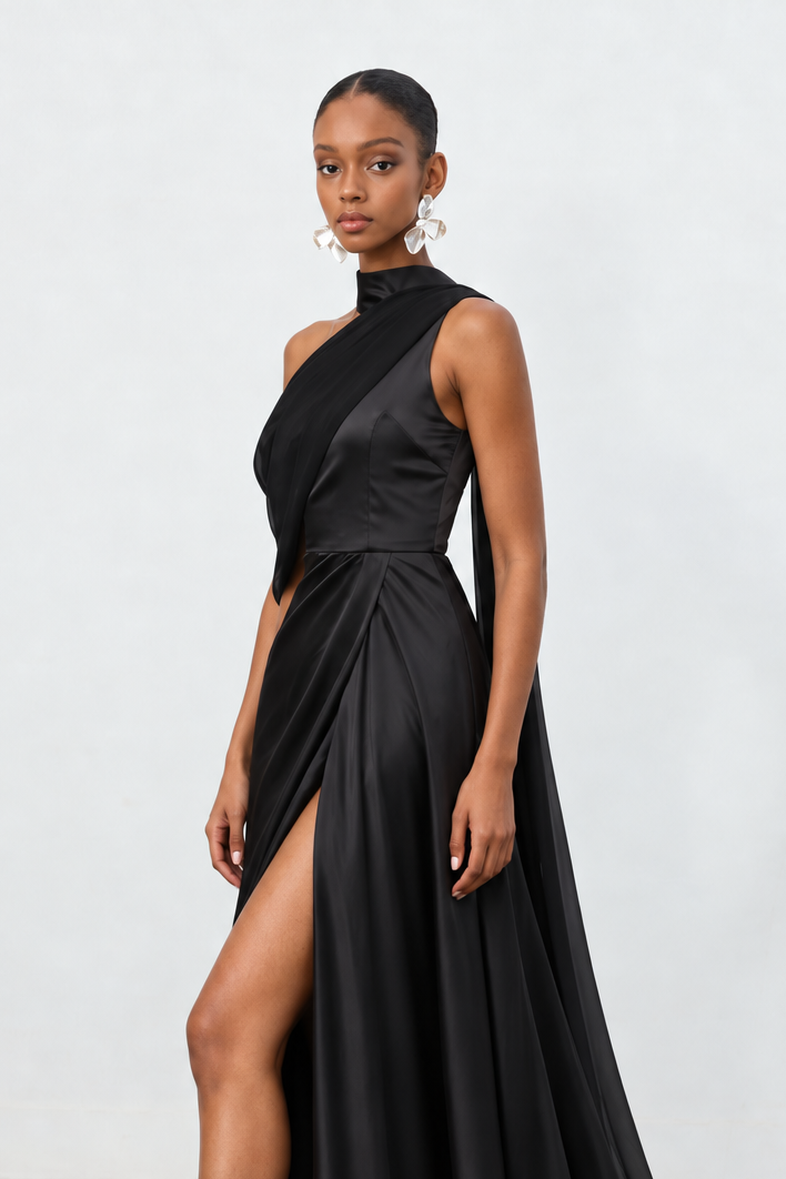 Kailani Chic Flowy High Neck One Shoulder Pleated High Slit Satin Black Maxi Dress