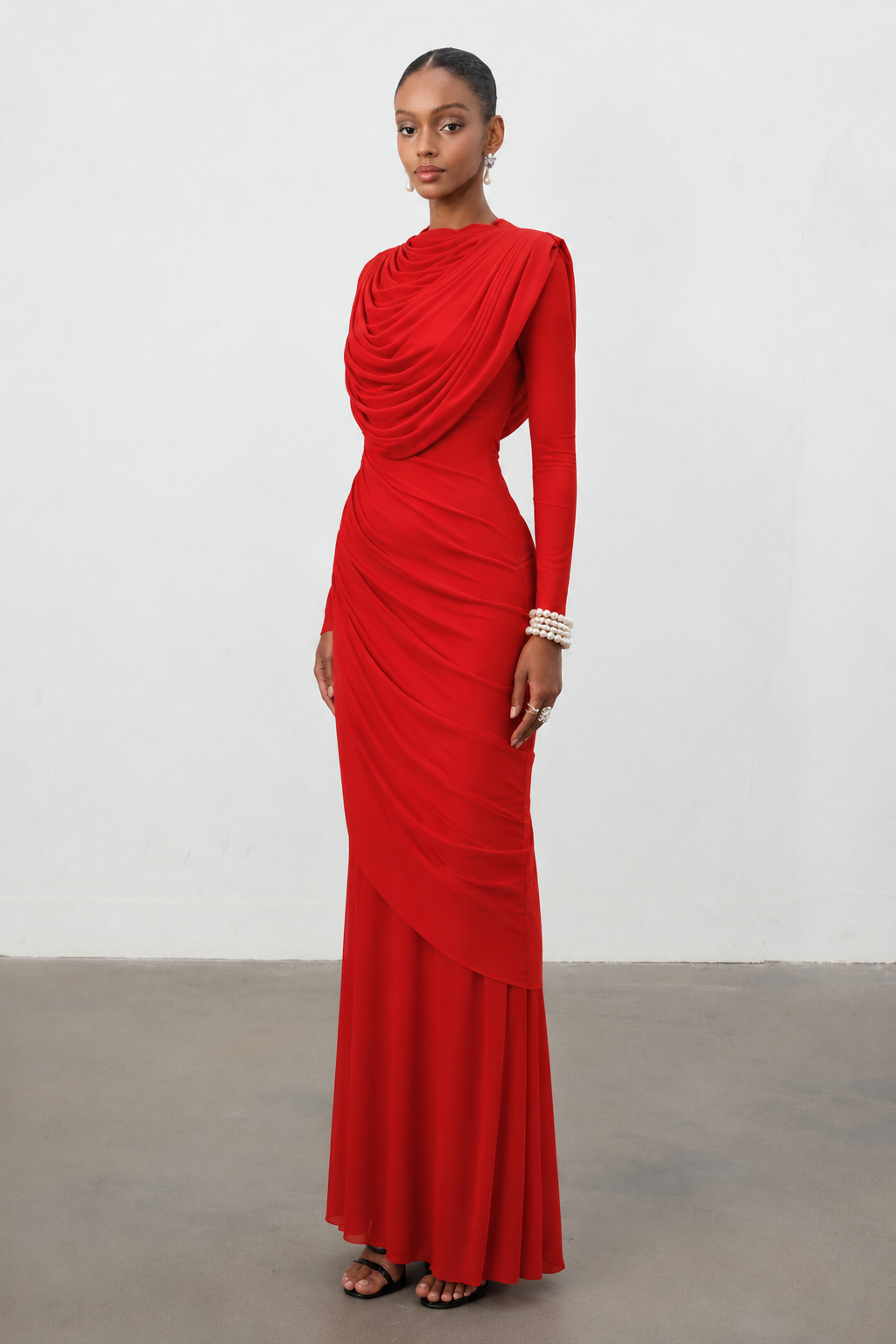 Kale Elegant Cinched Waist Long Sleeve Ruched Mermaid Woven Maxi Dress