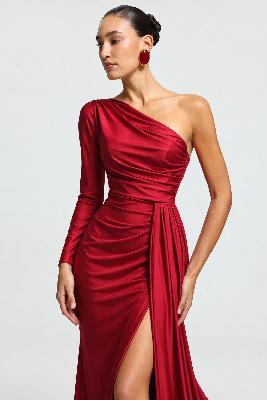 Piaka Elegant Contour One Shoulder Long Sleeve Ruched Sash Maxi Dress